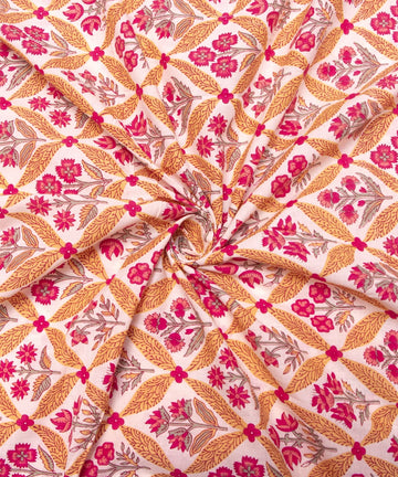 Off White Screen Print Floral Printed Cotton Fabric
